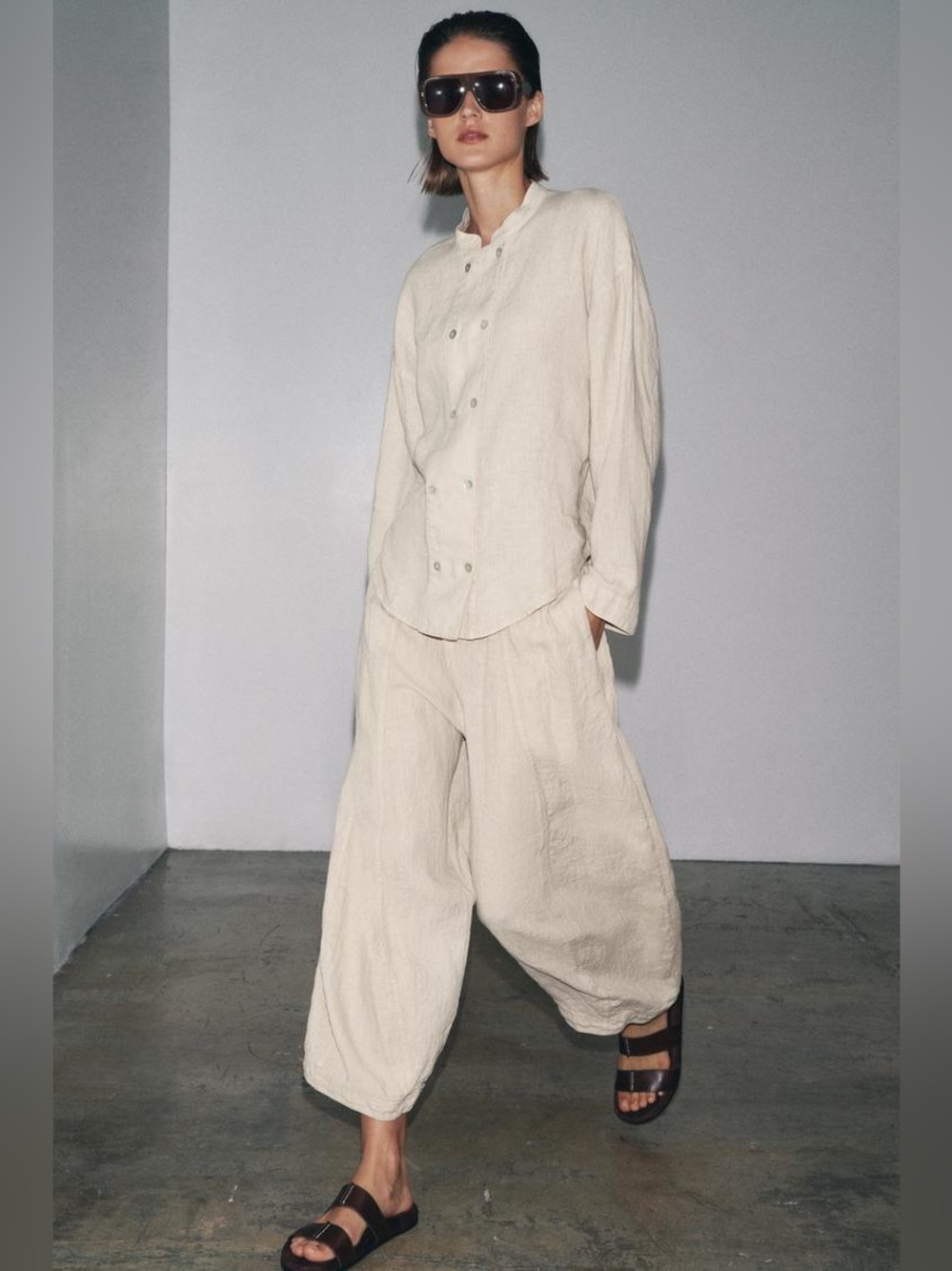 ZARA 100% LINEN Shirt JACKET Round Collar Long Sleeves LIGHT BEIGE Size Medium
